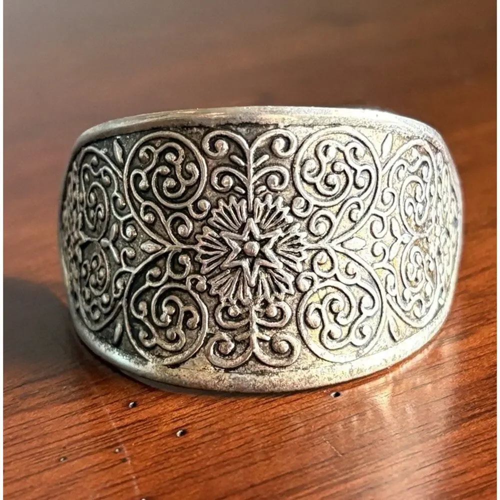 Vtg Silver Tone Ponytail Clip Hair Cuff Ornate Filigree Etched Boho Victorian